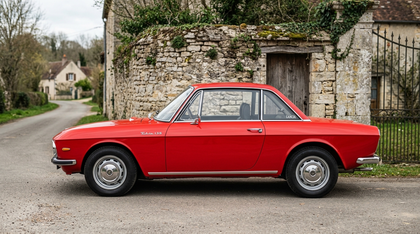Vue latérale d'une Lancia Fulvia Coupe rouge mettant en avant l'élégance du design et les proportions intemporelles.