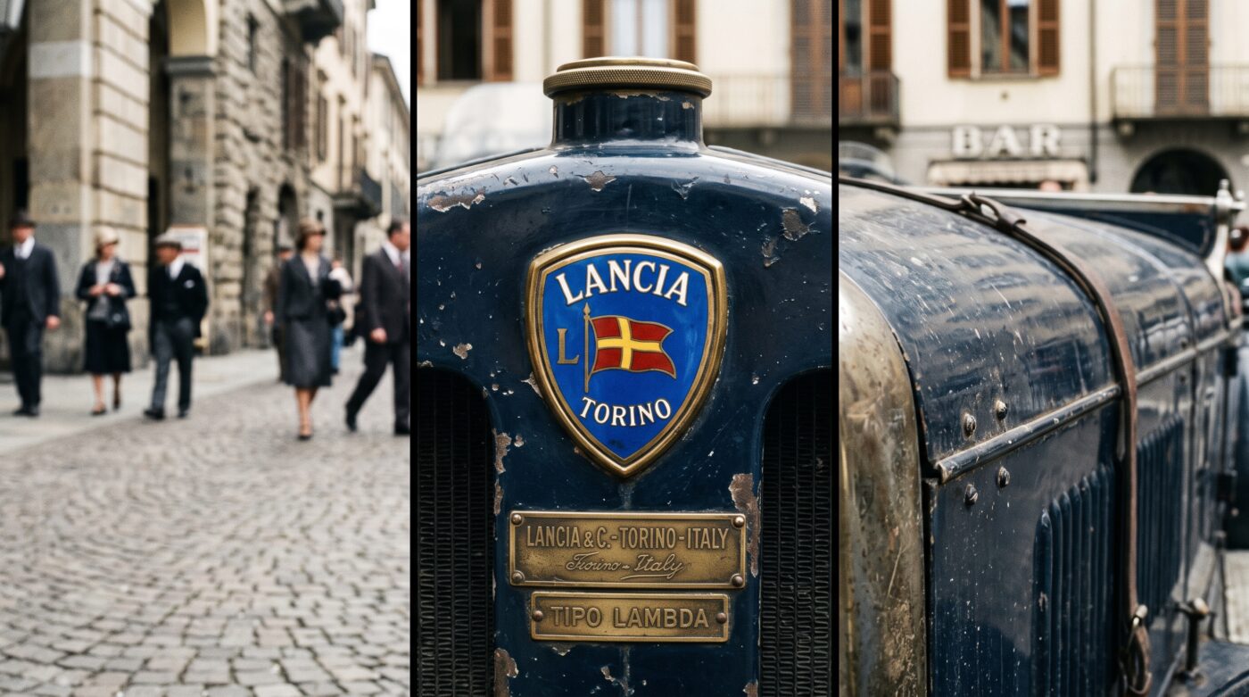 Détails historiques et emblèmes d'époque sur une Lancia Fulvia Coupe soulignant son héritage automobile.
