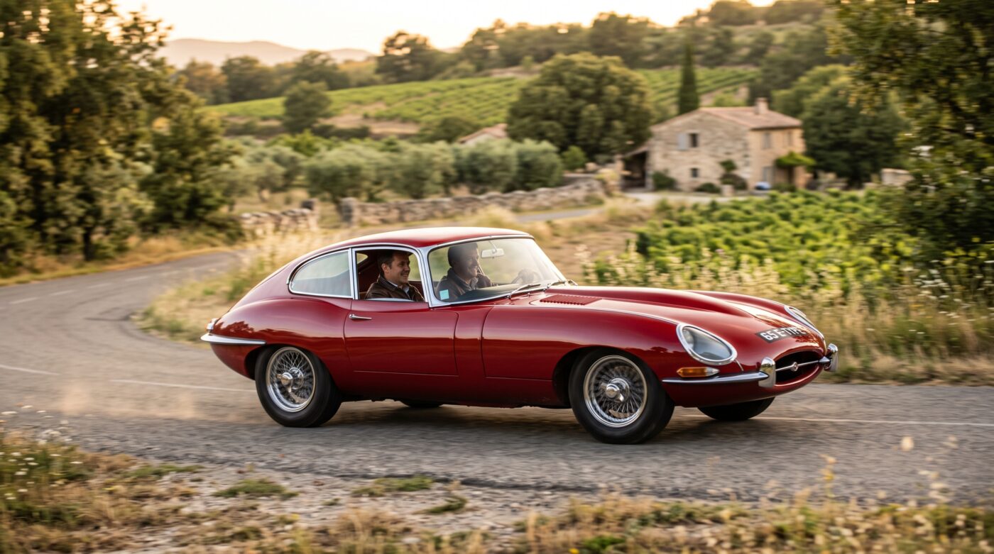 Essai routier d'une voiture de collection sur une route de campagne française pour tester le comportement mécanique.