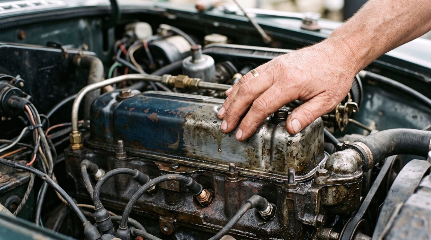 Vérification de la température moteur à froid avant l'essai routier d'une voiture ancienne pour détecter des vices cachés.