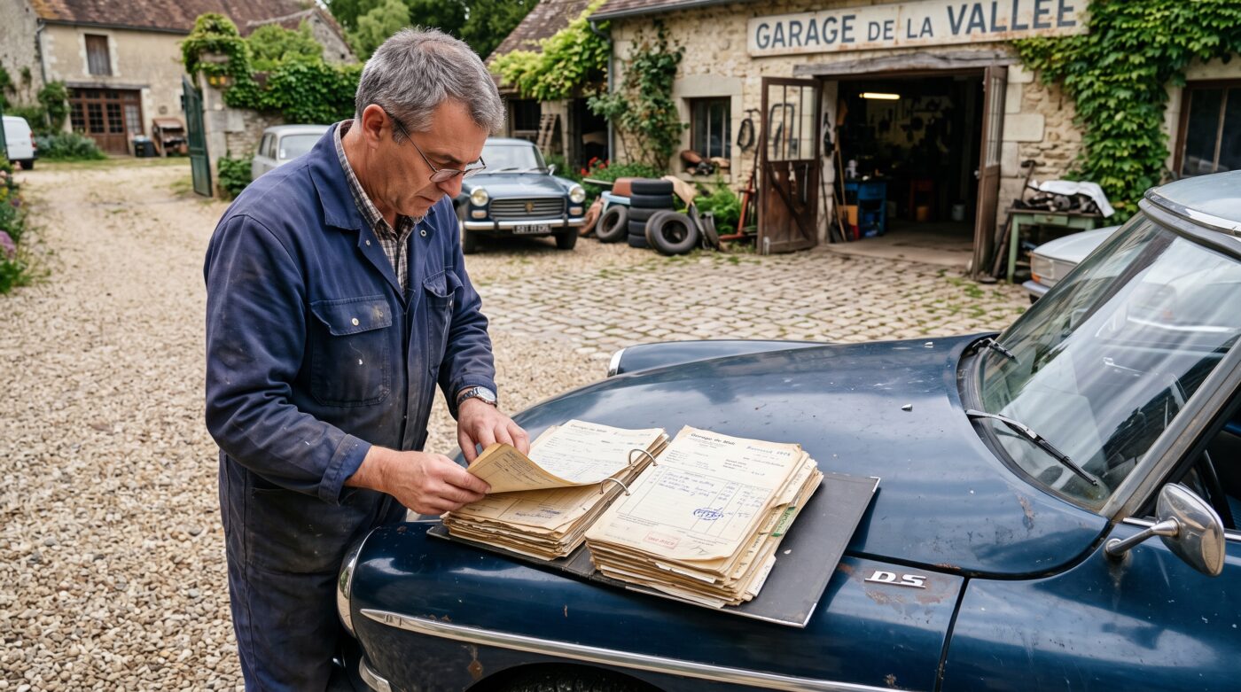 Examen minutieux des factures d'entretien et de l'historique papier avant l'achat d'une voiture de collection.
