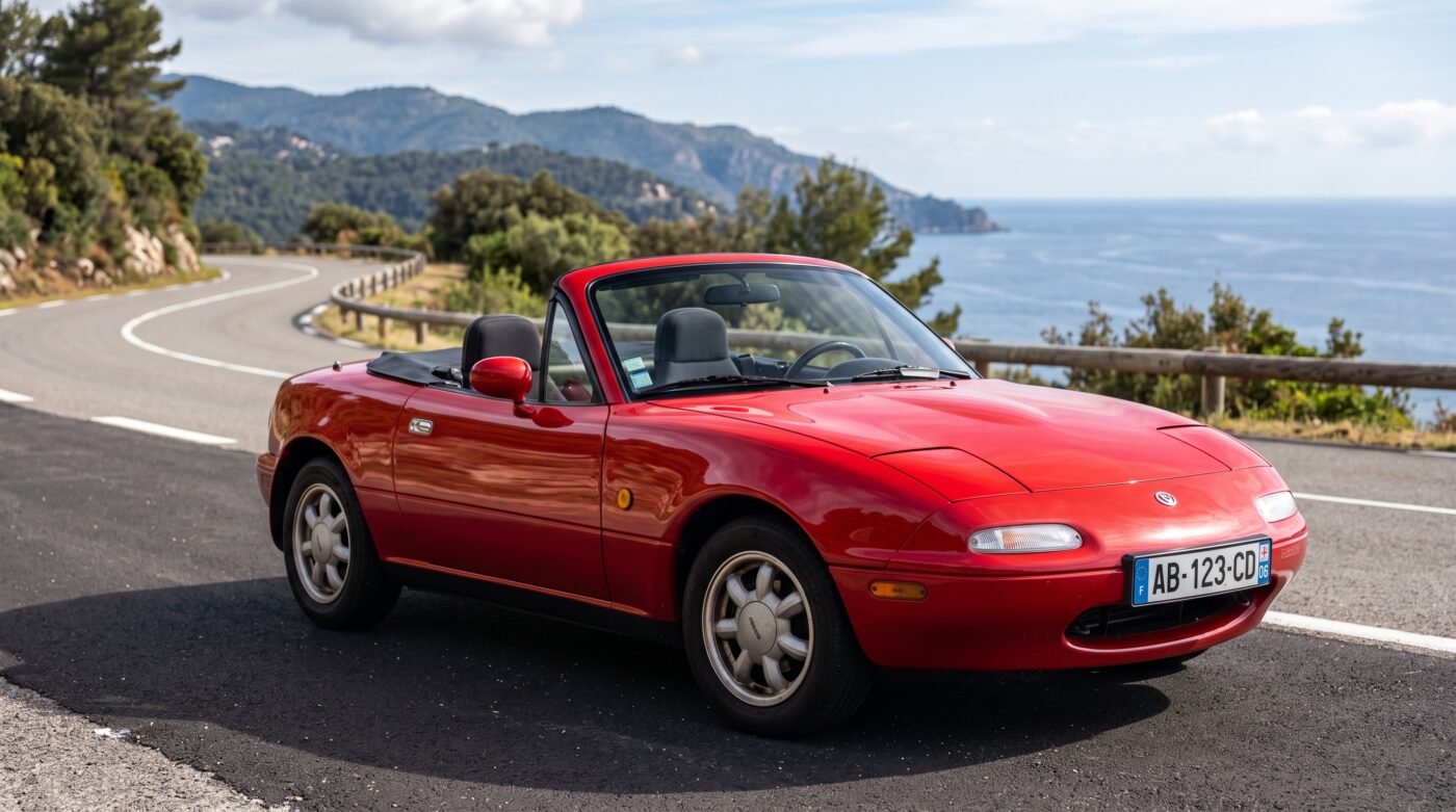 Mazda MX-5 NA : Vue avant Vue de trois quarts avant d'une Mazda MX-5 NA rouge de 1990 dans son état d'origine stationnée sur une route panoramique.