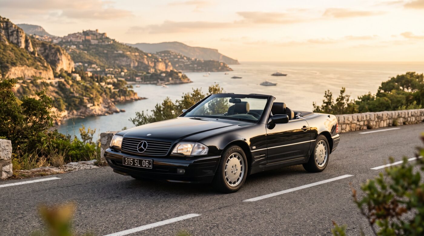 Mercedes-Benz SL R129 noire vue de trois quarts avant sur une route panoramique française.