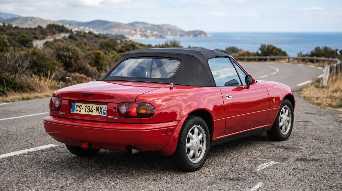 Mazda MX-5 NA : Vue arrière Vue de trois quarts arrière d'une Mazda MX-5 NA rouge classique avec sa capote en toile noire, état impeccable.