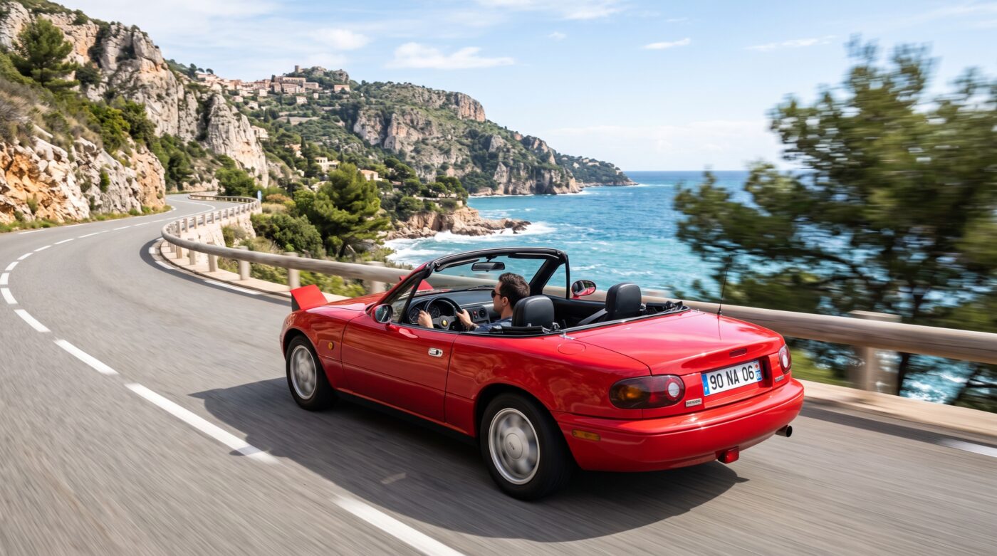 Mazda MX-5 NA : Essai routier Mazda MX-5 NA rouge en plein essai routier sur une route de campagne française, capture dynamique haute qualité.