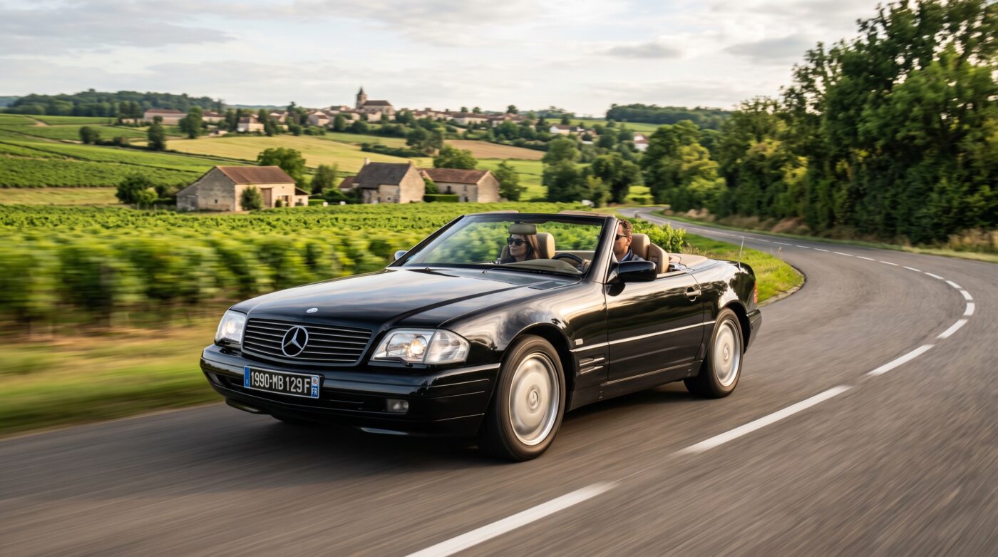 Essai routier d'une Mercedes-Benz SL R129 noire sur une route de campagne française.