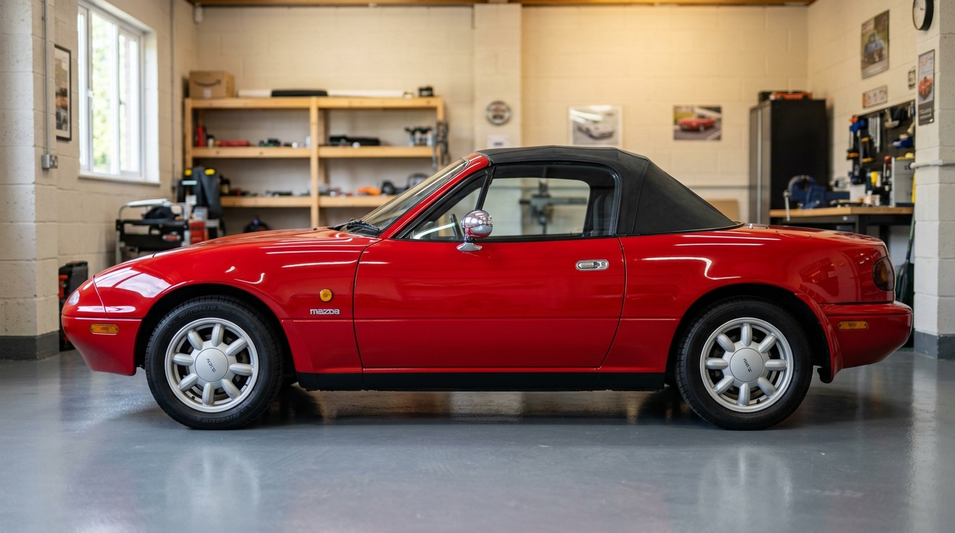 Mazda MX-5 NA : Profil Vue latérale complète de la Mazda MX-5 NA rouge montrant ses proportions emblématiques et sa ligne basse.