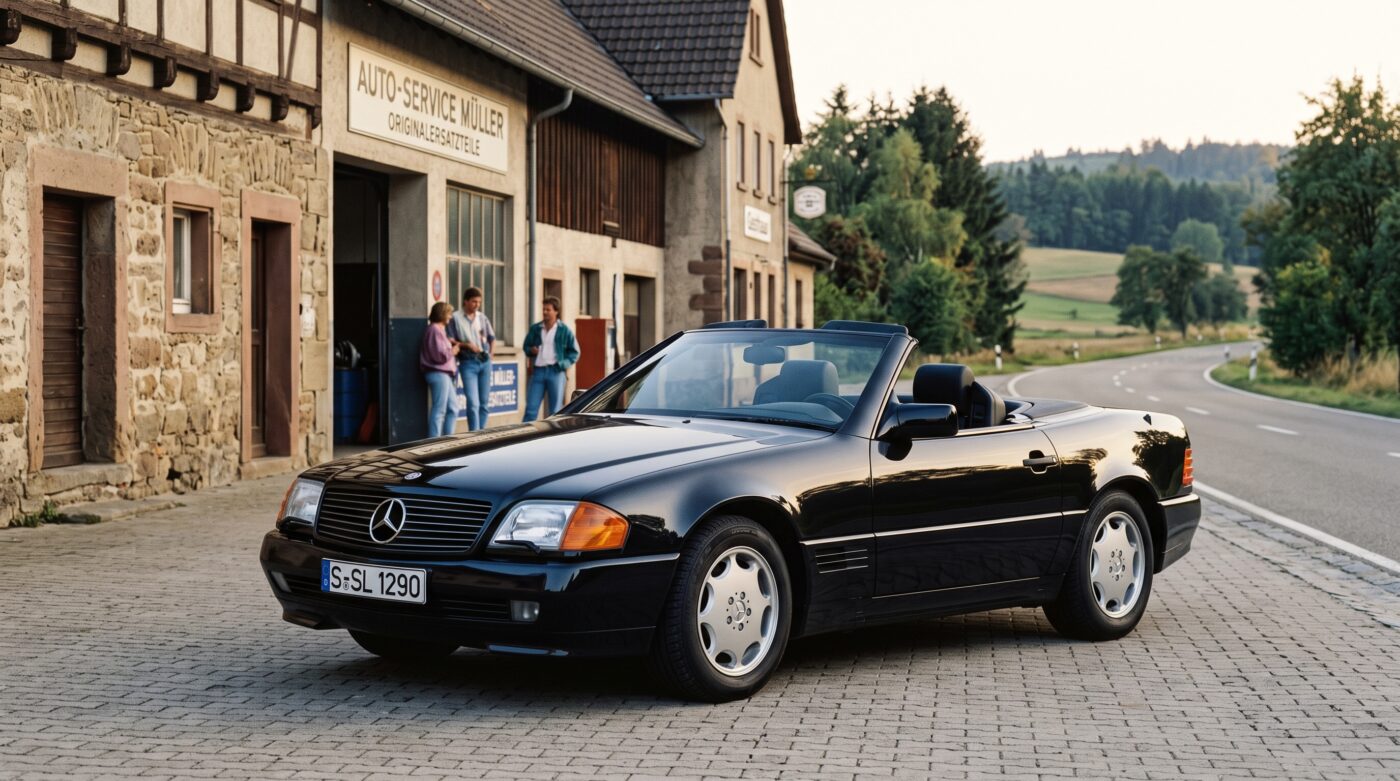 Mercedes-Benz SL R129 noire dans un décor rappelant son héritage automobile.