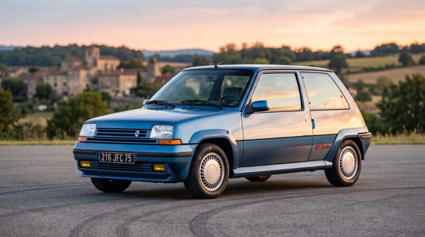Vue de trois quarts avant d'une Renault 5 GT Turbo bleue de 1985 dans un état d'origine impeccable sur une route asphaltée.