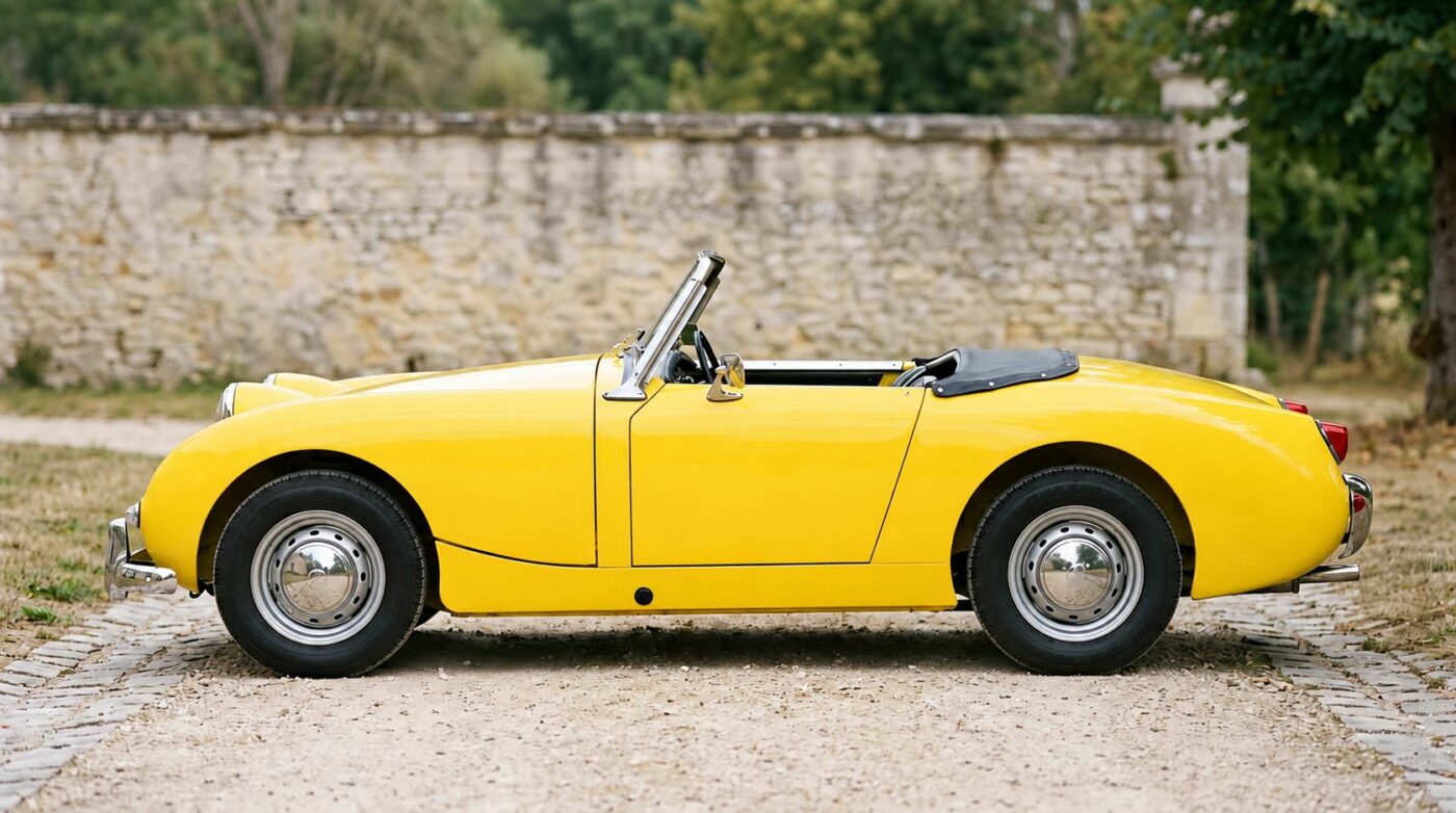 Profil latéral d'une Austin-Healey Sprite MK1 jaune, soulignant la compacité et l'équilibre des proportions du roadster.