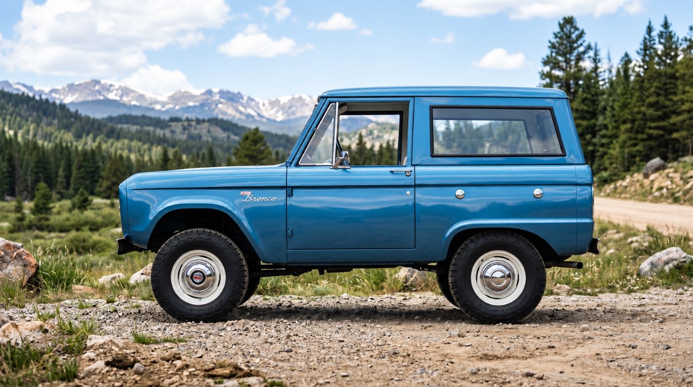 Profil latéral du Ford Bronco Mk1 bleu de 1966, montrant la ligne de caisse droite et le design iconique du tout-terrain.