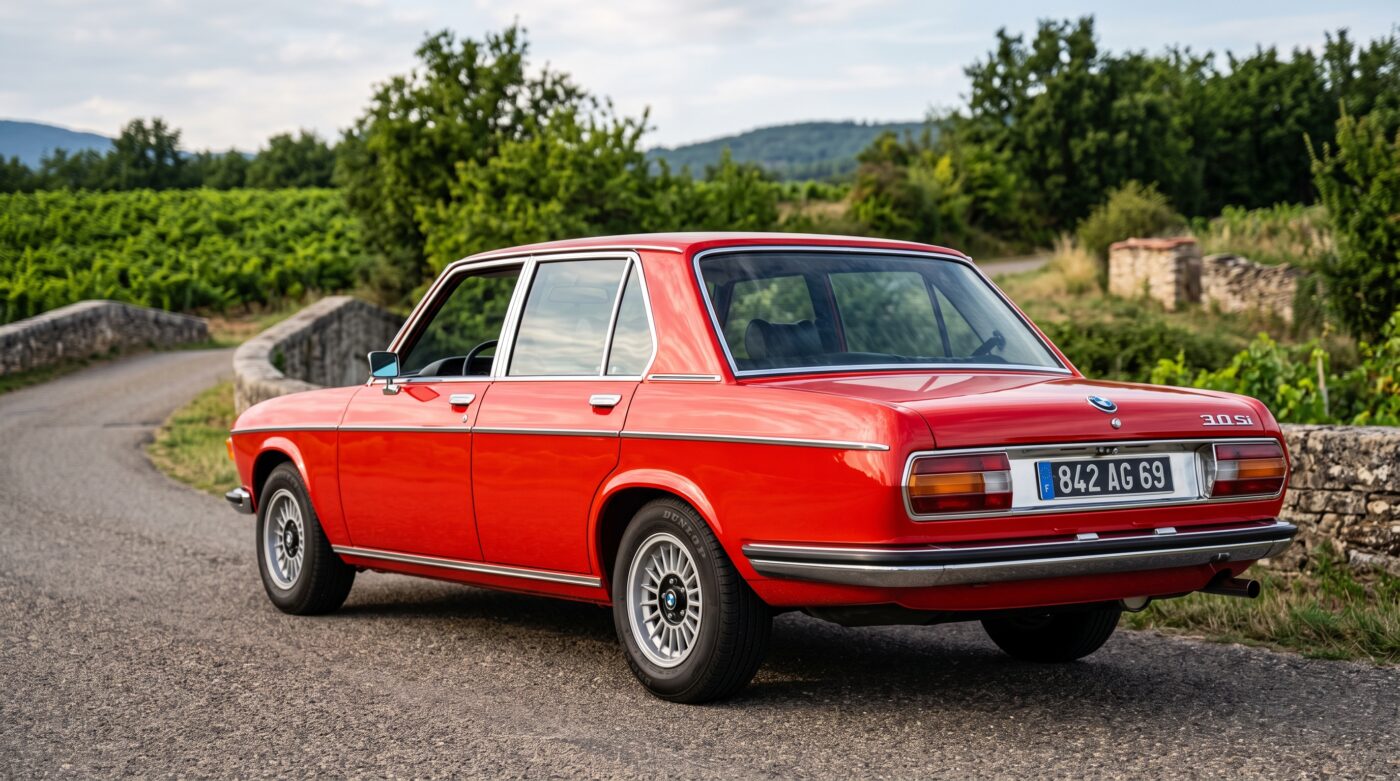 BMW 3.0 Si 1971 rouge vue de trois quarts arrière soulignant les feux et le coffre, immatriculation française
