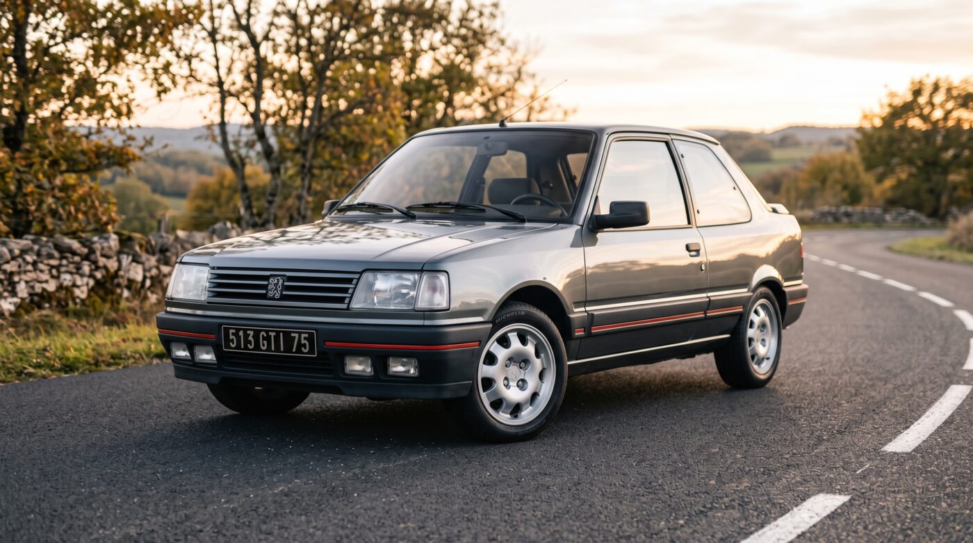 Peugeot 309 GTI 1987 : Vue avant Peugeot 309 GTI 1987 grise vue de trois quarts avant, parfaite pour un guide d'achat de sportive française.