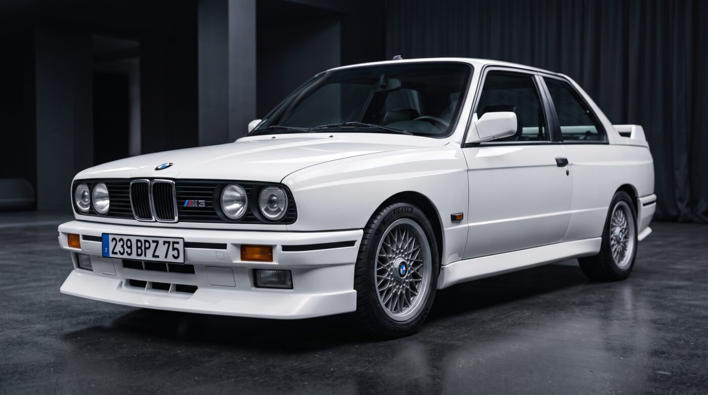 BMW M3 E30 blanche vue de trois quarts avant, mettant en valeur son design iconique et ses ailes élargies.