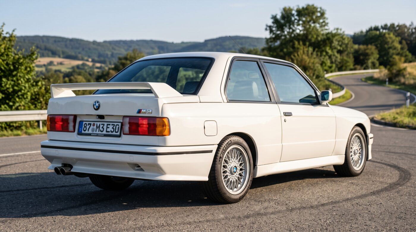 BMW M3 E30 blanche photographiée de trois quarts arrière, soulignant son aileron spécifique et sa poupe sportive.