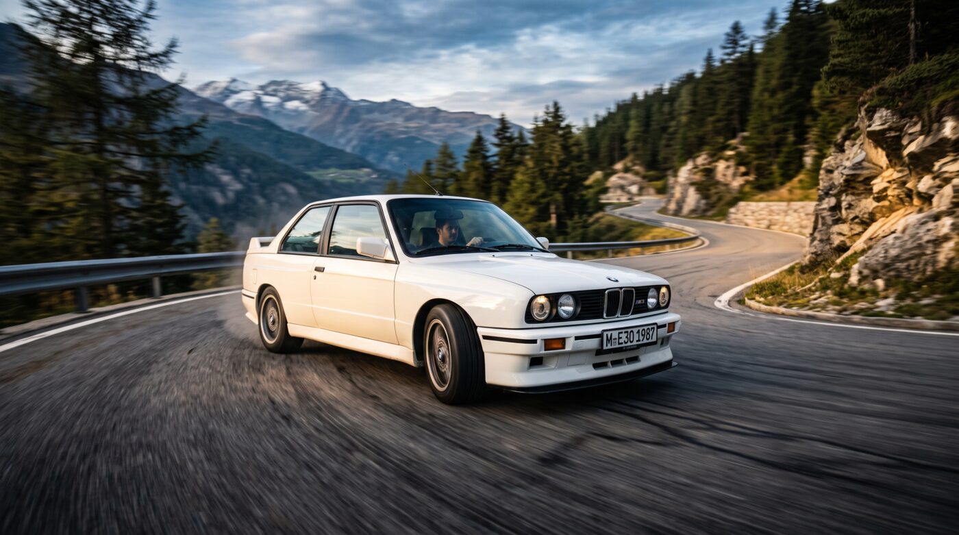 Essai routier d'une BMW M3 E30 blanche en pleine action sur une route sinueuse pour évaluer ses performances.