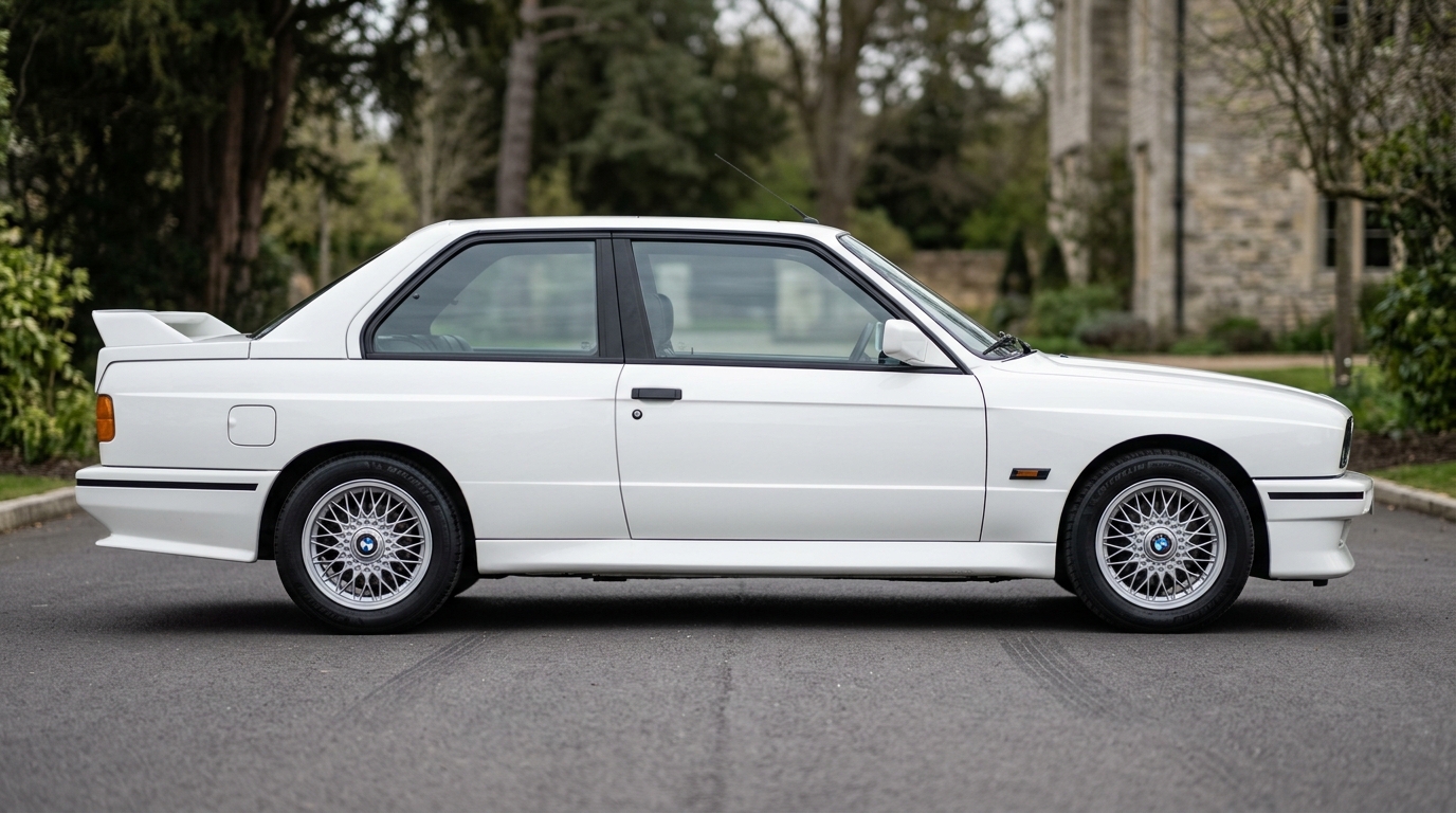 Profil latéral complet d'une BMW M3 E30 blanche, montrant l'équilibre des lignes et les extensions d'ailes.