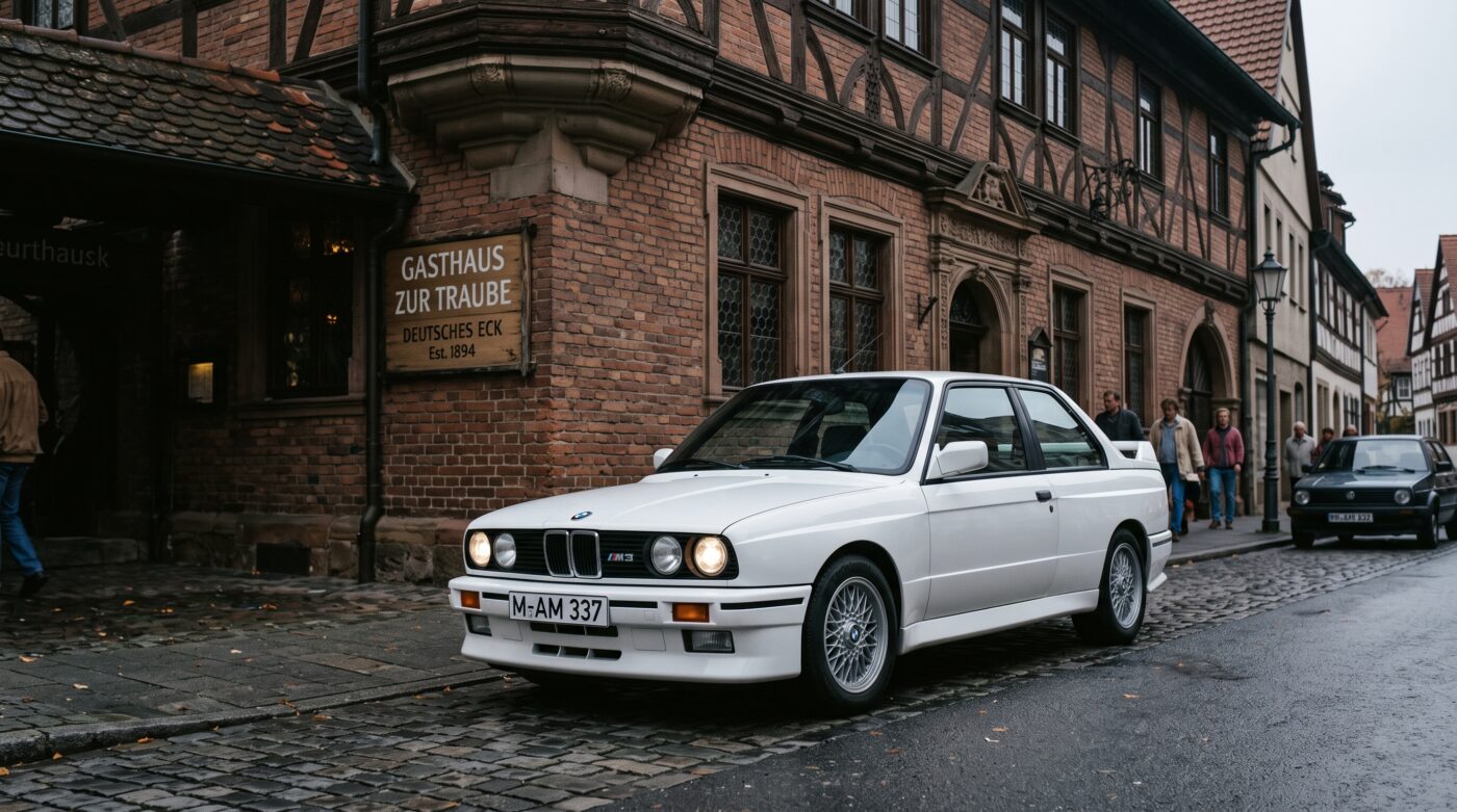 BMW M3 E30 blanche stationnée devant un bâtiment historique, illustrant le patrimoine sportif du constructeur bavarois.