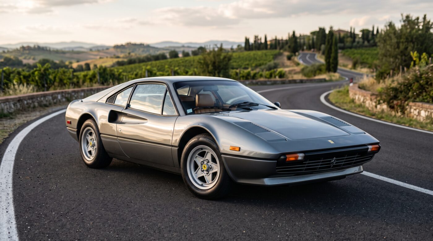 Ferrari 308 grise vue de trois quarts avant, mettant en valeur son design iconique et ses lignes sportives classiques.
