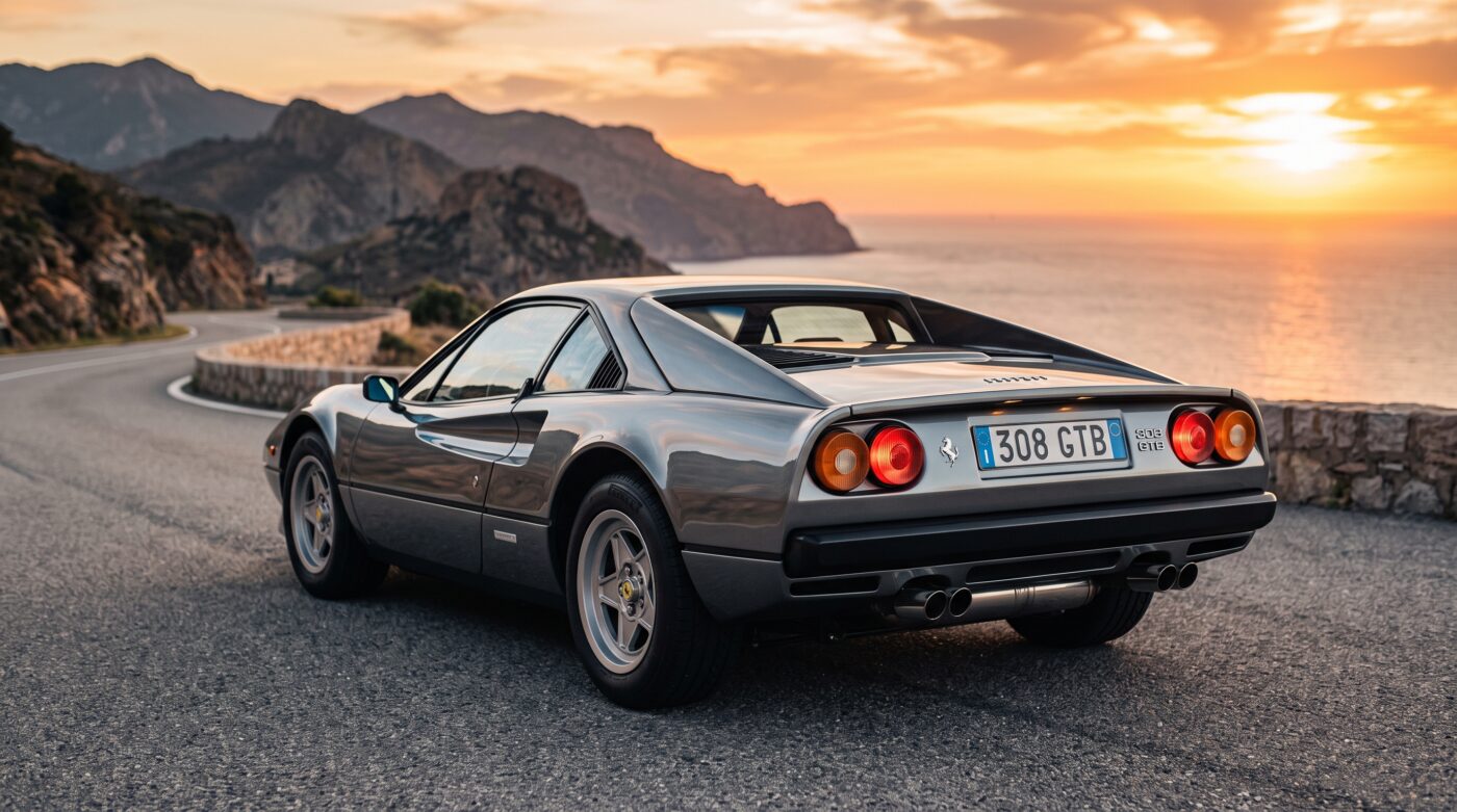 Vue arrière de trois quarts d'une Ferrari 308 grise soulignant les feux ronds et la silhouette emblématique du modèle.