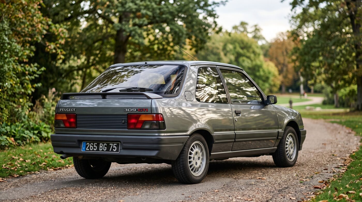 Peugeot 309 GTI 1987 : Vue arrière Peugeot 309 GTI 1987 grise vue de trois quarts arrière avec son becquet emblématique et ses feux d'origine.