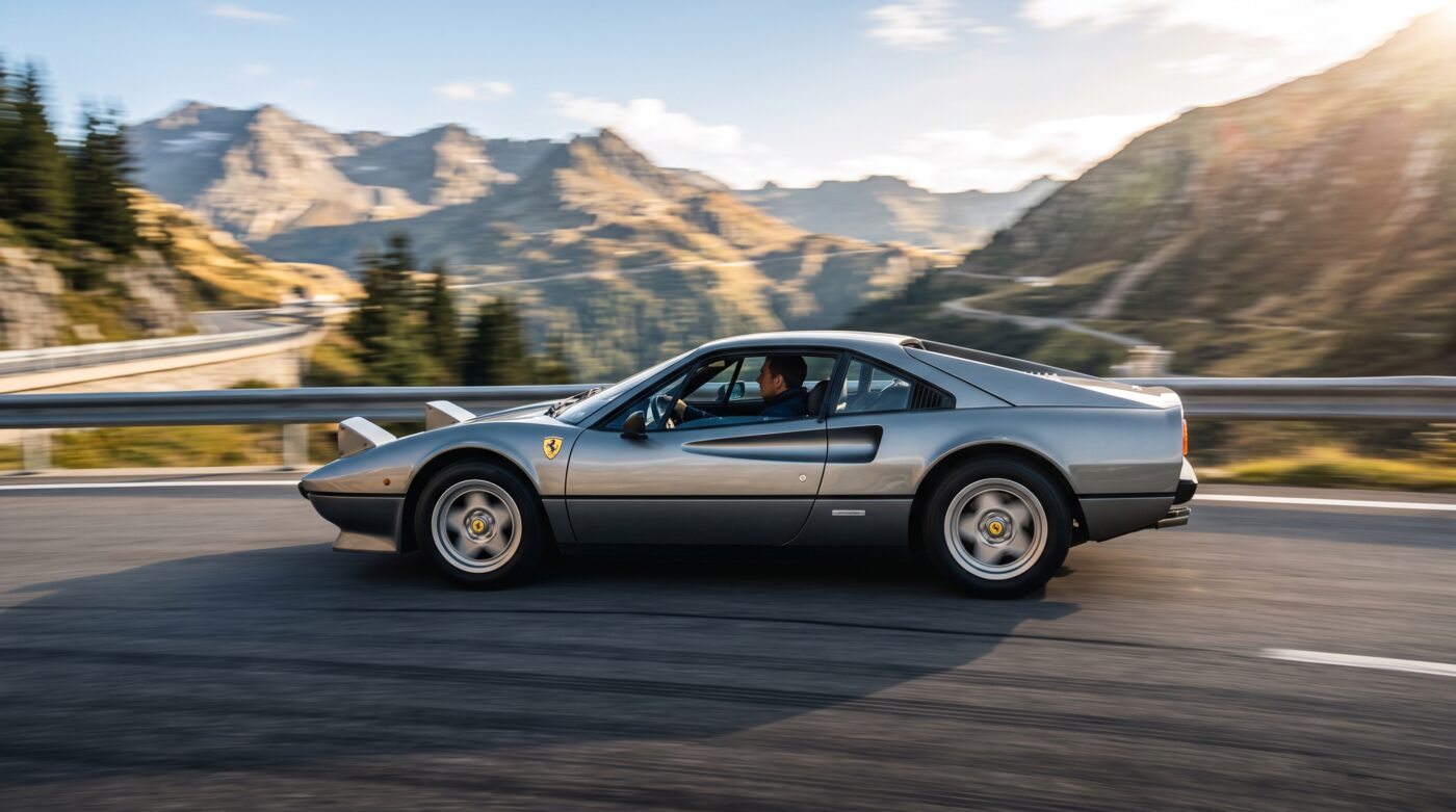 Ferrari 308 grise en essai routier sur une route sinueuse, capturant le dynamisme et l'élégance de la sportive italienne.