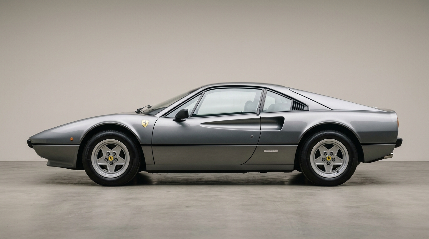Profil latéral d'une Ferrari 308 grise mettant en évidence ses proportions équilibrées et son design intemporel.
