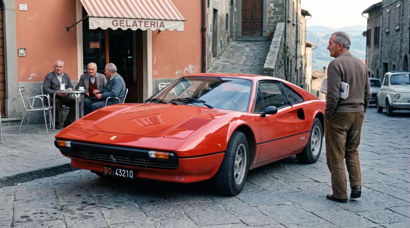 Détails historiques et emblèmes d'une Ferrari 308, illustrant le patrimoine et l'authenticité de ce modèle de collection.