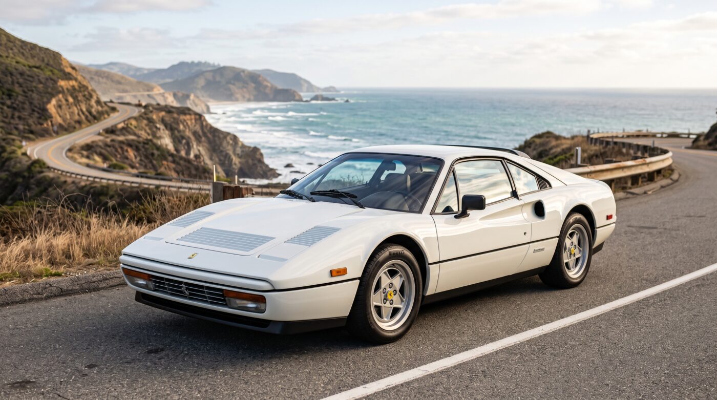 Ferrari 328 GTB : Vue trois quarts avant Vue trois quarts avant d'une Ferrari 328 GTB blanche de 1985 stationnée sur une route côtière ensoleillée.