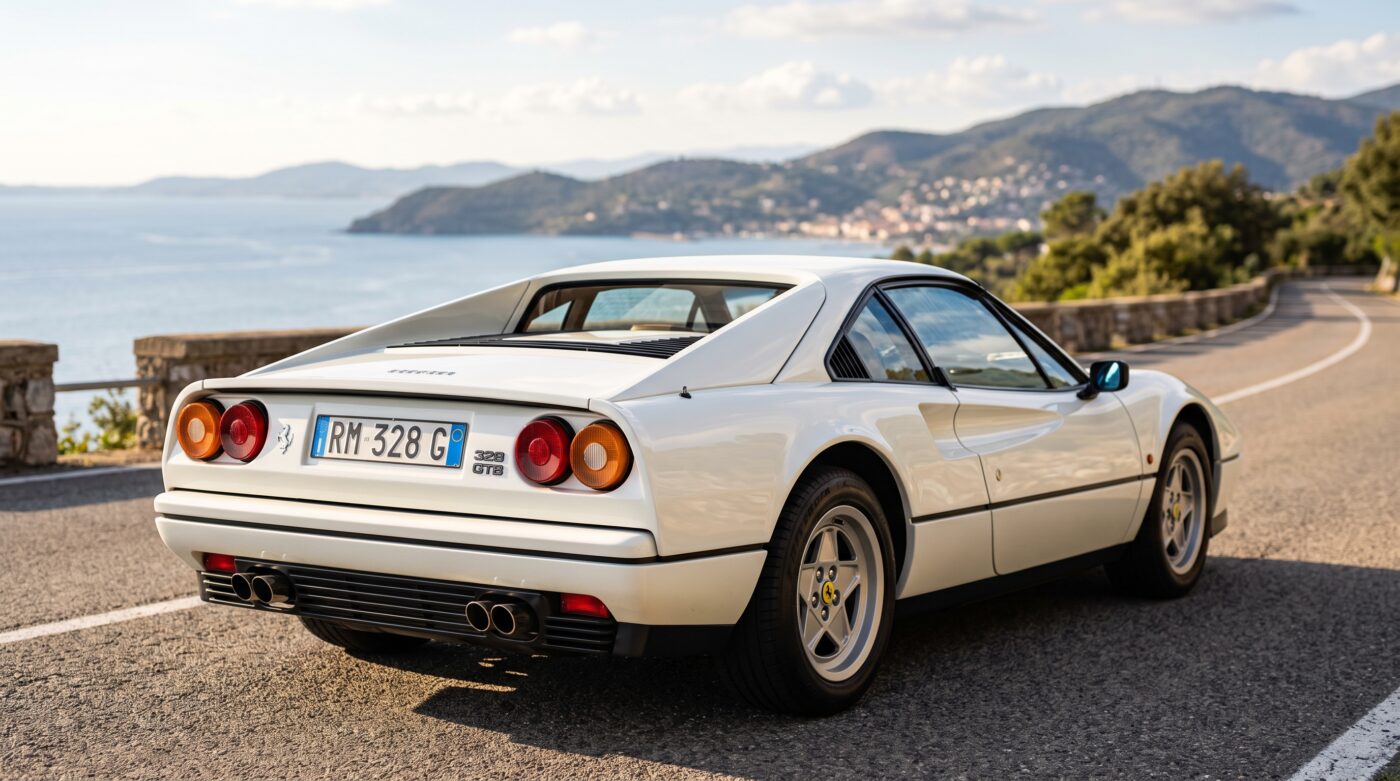 Ferrari 328 GTB : Vue trois quarts arrière Vue trois quarts arrière d'une Ferrari 328 GTB blanche mettant en valeur ses lignes classiques et ses feux arrière.