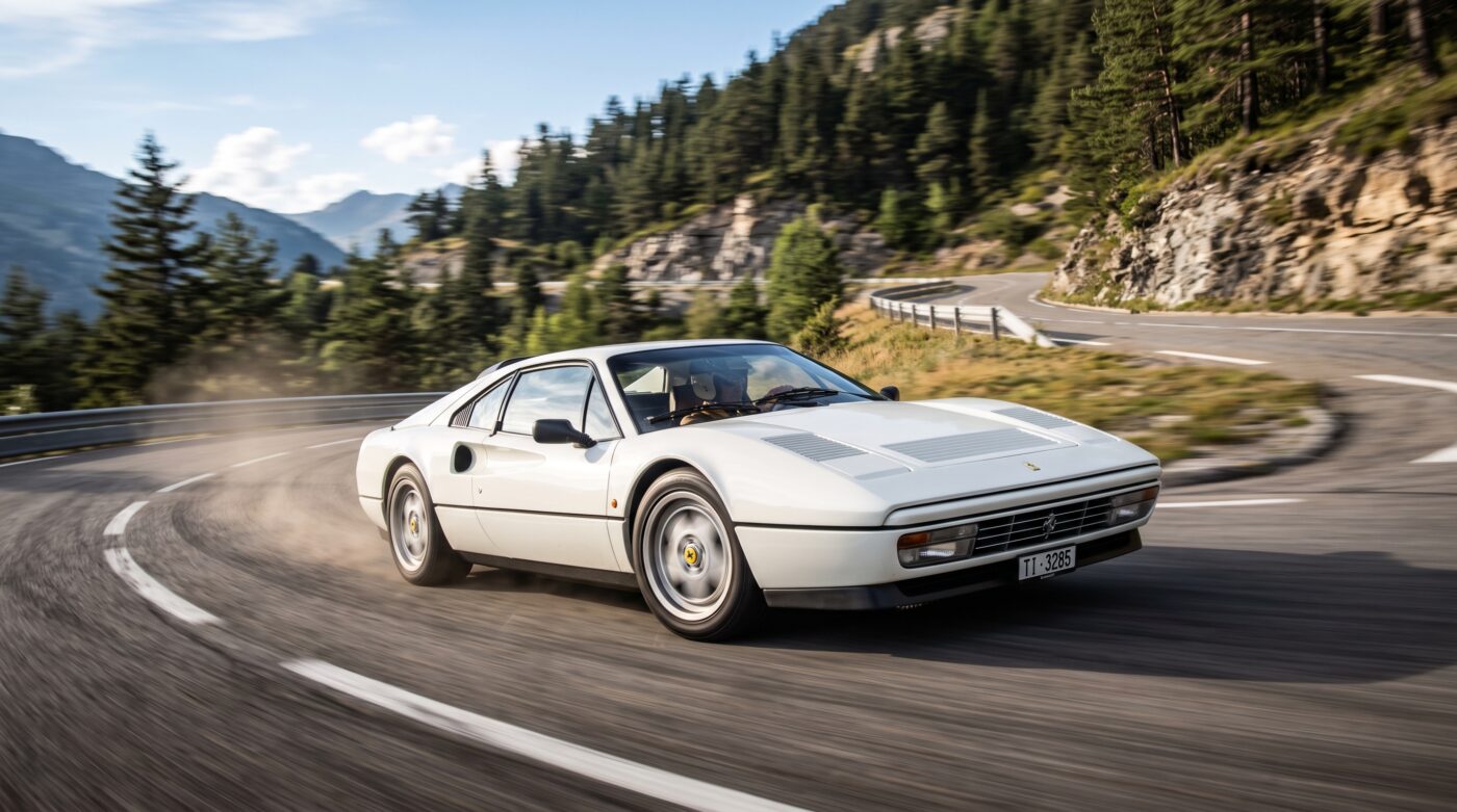 Ferrari 328 GTB : Essai routier Ferrari 328 GTB blanche en plein essai routier sur une route sinueuse, capturant le dynamisme du modèle.