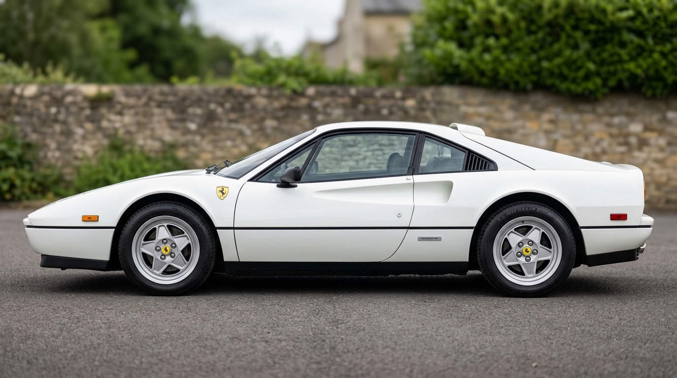 Ferrari 328 GTB : Vue de côté Vue de profil latéral d'une Ferrari 328 GTB blanche montrant la silhouette basse et équilibrée du coupé sportif.