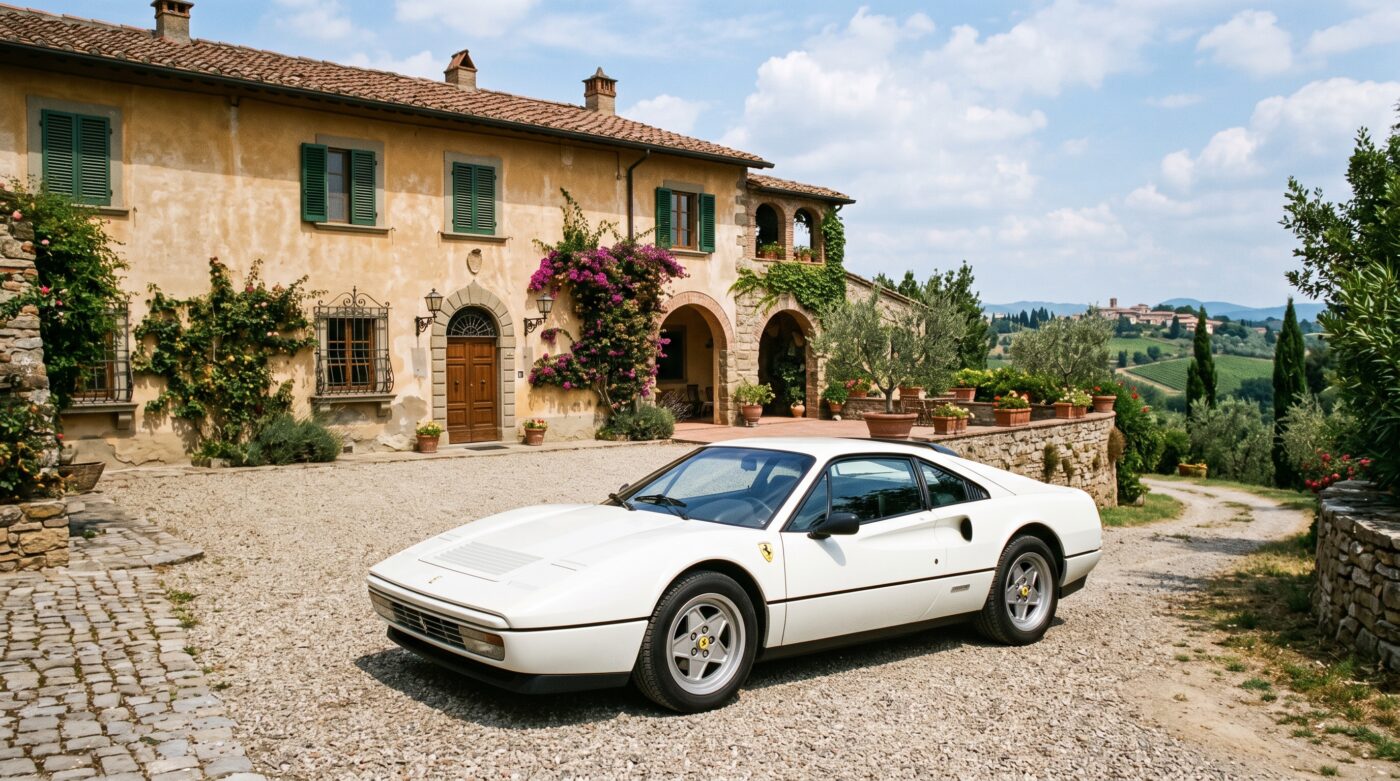 Ferrari 328 GTB : Historique Ferrari 328 GTB blanche devant une villa italienne classique, illustrant l'héritage et l'histoire du modèle.