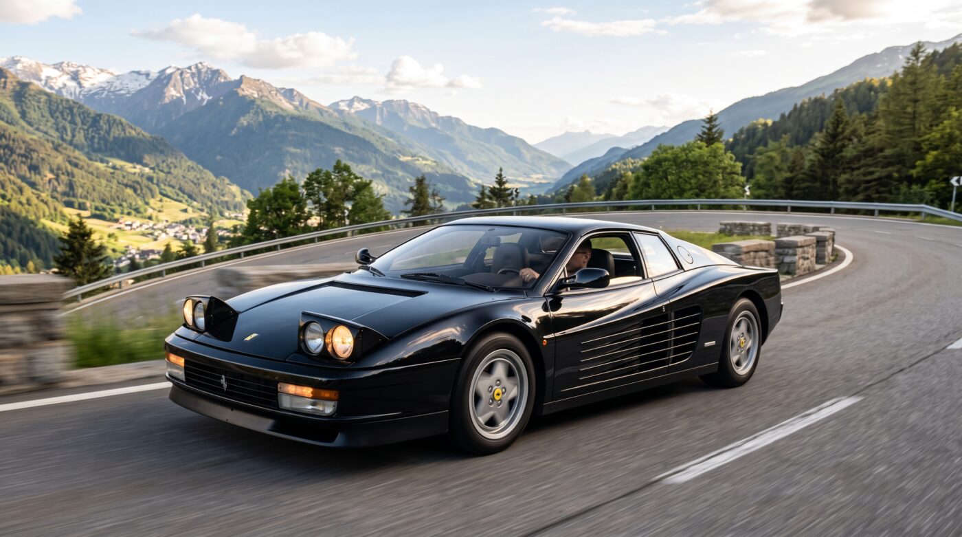 Ferrari Testarossa noire de 1984 vue de trois quarts avant sur une route panoramique