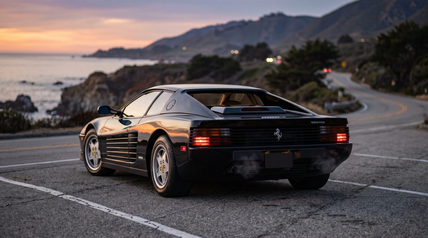 Ferrari Testarossa noire vue de trois quarts arrière soulignant sa largeur et ses feux