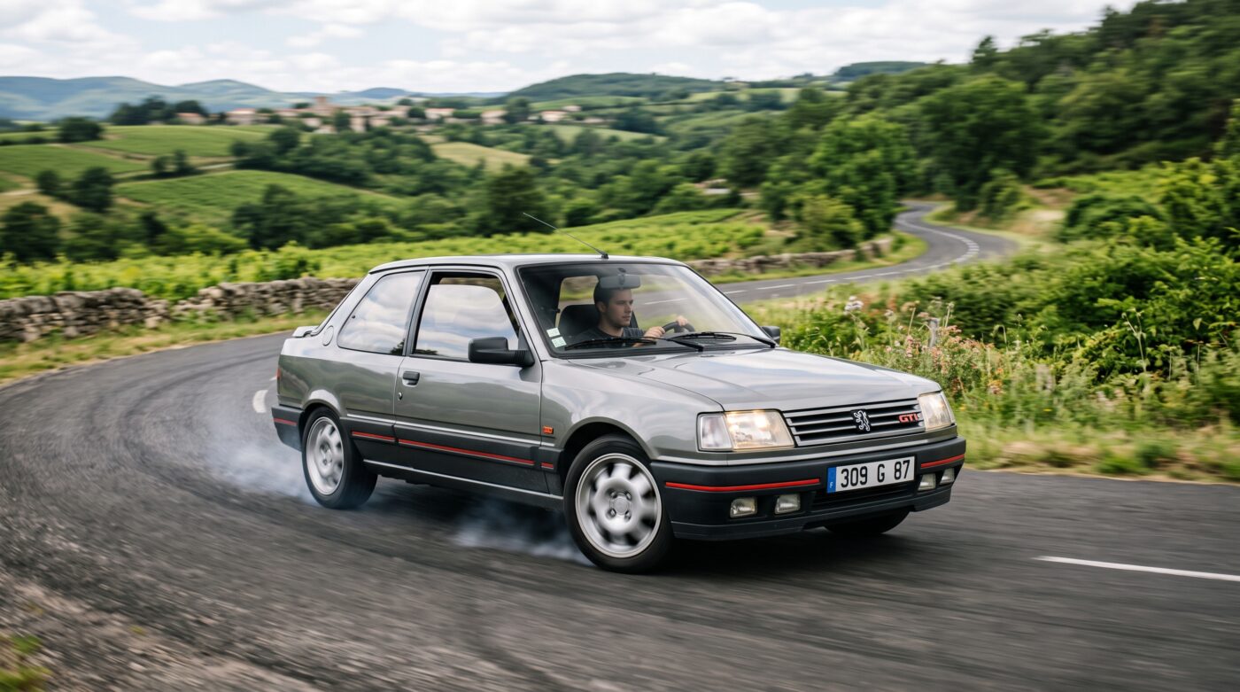 Peugeot 309 GTI 1987 : Essai dynamique Peugeot 309 GTI 1987 grise en plein essai routier sur une route de campagne française.