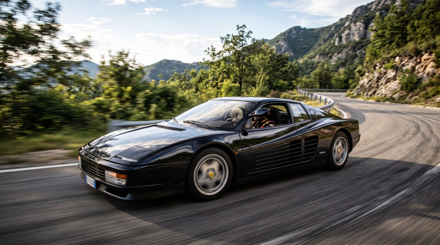 Essai routier d'une Ferrari Testarossa noire emblématique sur une route de campagne