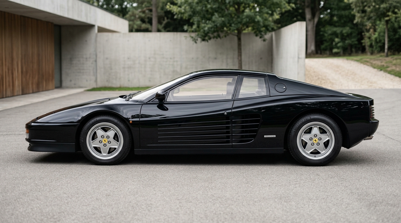 Vue de profil d'une Ferrari Testarossa noire montrant ses célèbres entrées d'air latérales
