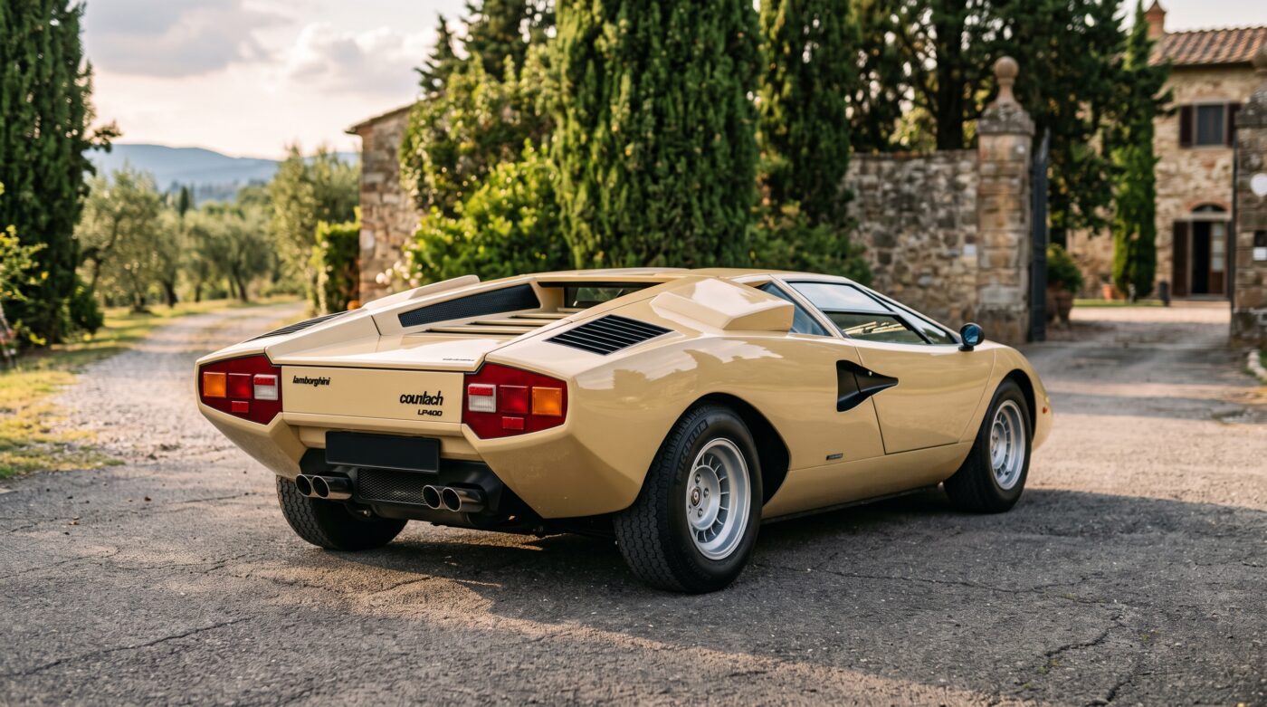 Vue arrière de trois quarts d'une Lamborghini Countach beige classique millésime 1974.
