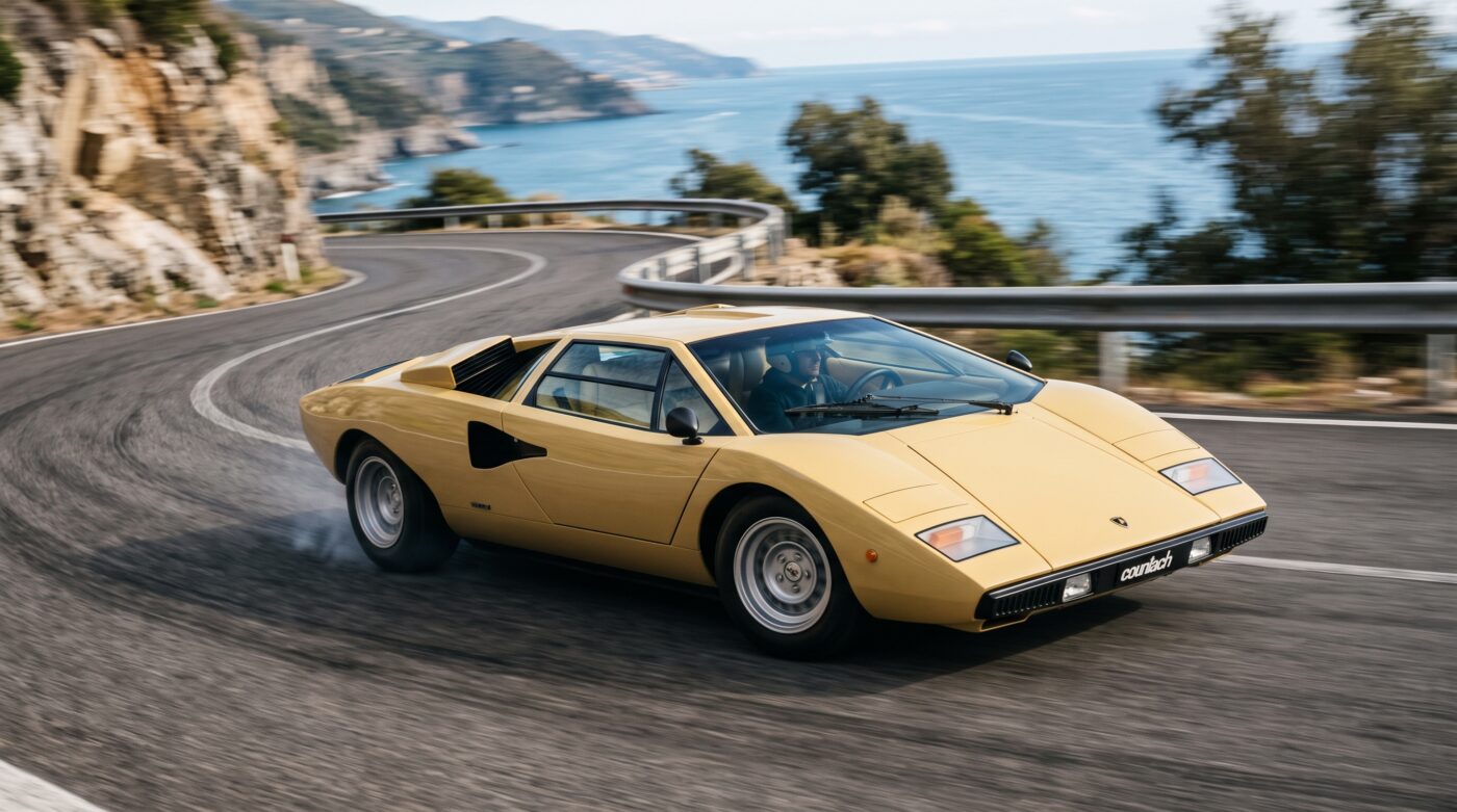  Lamborghini Countach beige en plein essai routier sur une route côtière ensoleillée.