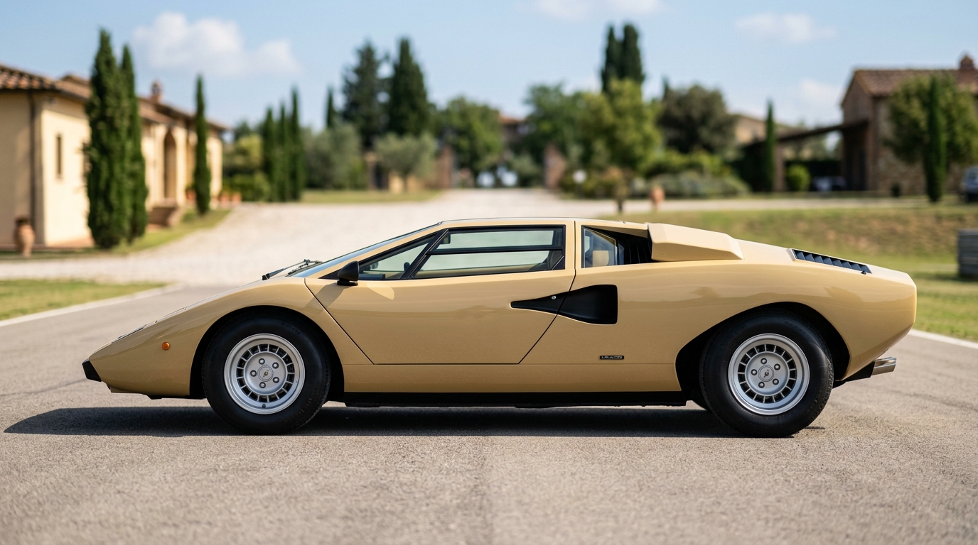  Vue latérale complète de la Lamborghini Countach beige montrant son profil cunéiforme.