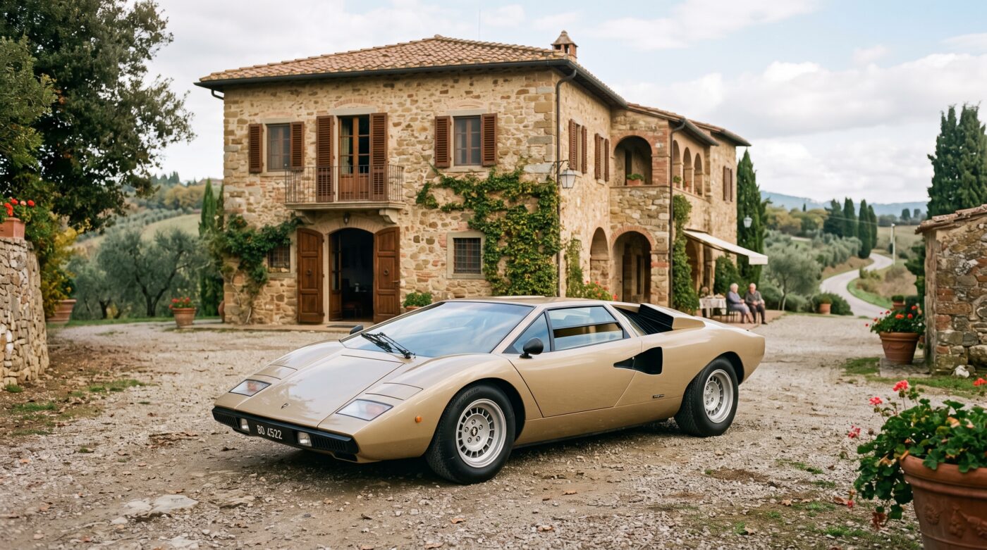 Lamborghini Countach beige stationnée devant une villa italienne pour évoquer son histoire.