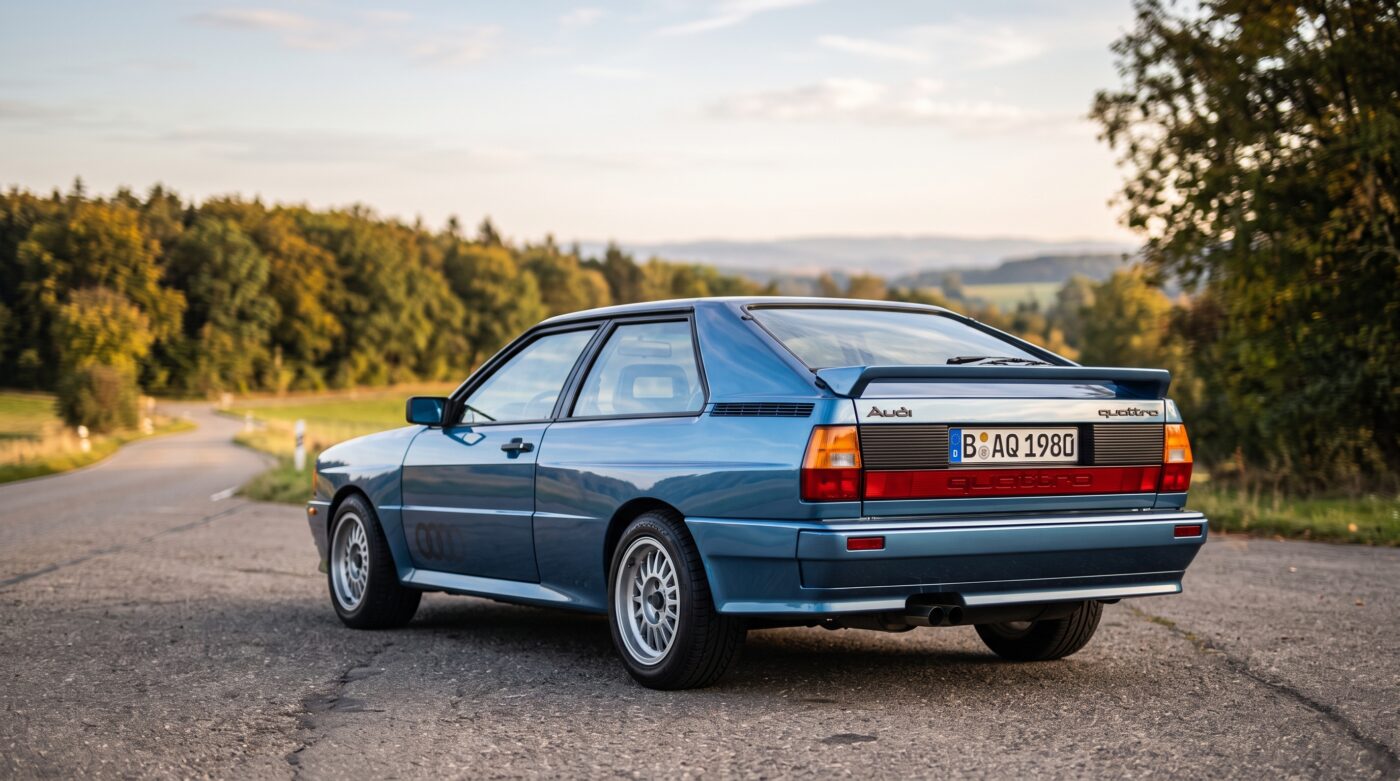 Audi Quattro 1980 bleue vue de trois-quarts arrière soulignant les ailes larges et le design coupé.
