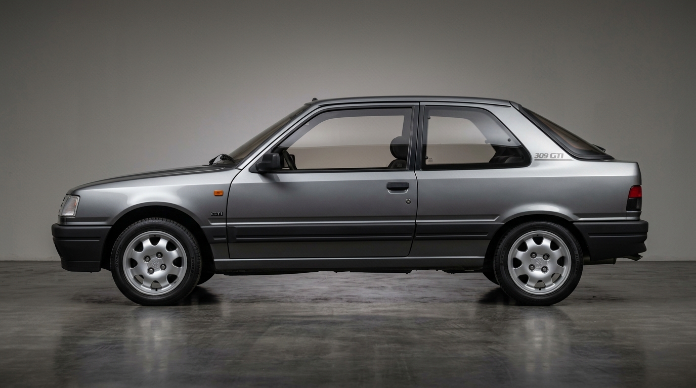 Peugeot 309 GTI 1987 : Vue latérale Vue de profil de la Peugeot 309 GTI 1987 grise, mettant en avant sa silhouette iconique des années 80.
