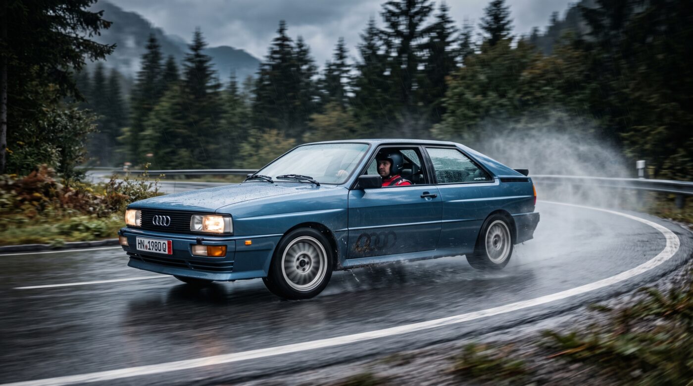 Audi Quattro 1980 bleue en plein essai routier sur route sinueuse, performance légendaire de la traction intégrale.