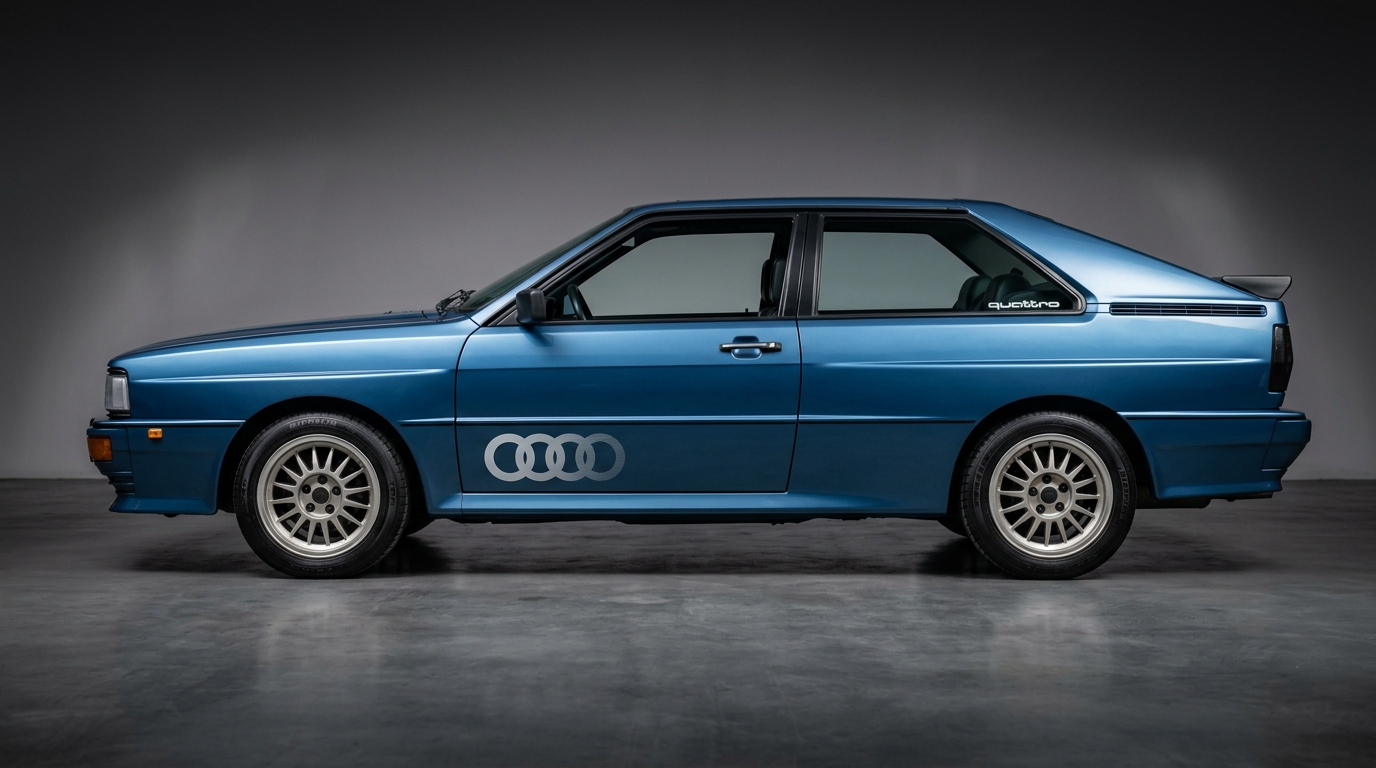 Vue latérale complète de l'Audi Quattro 1980 bleue, mettant en avant sa silhouette caractéristique de coupé.