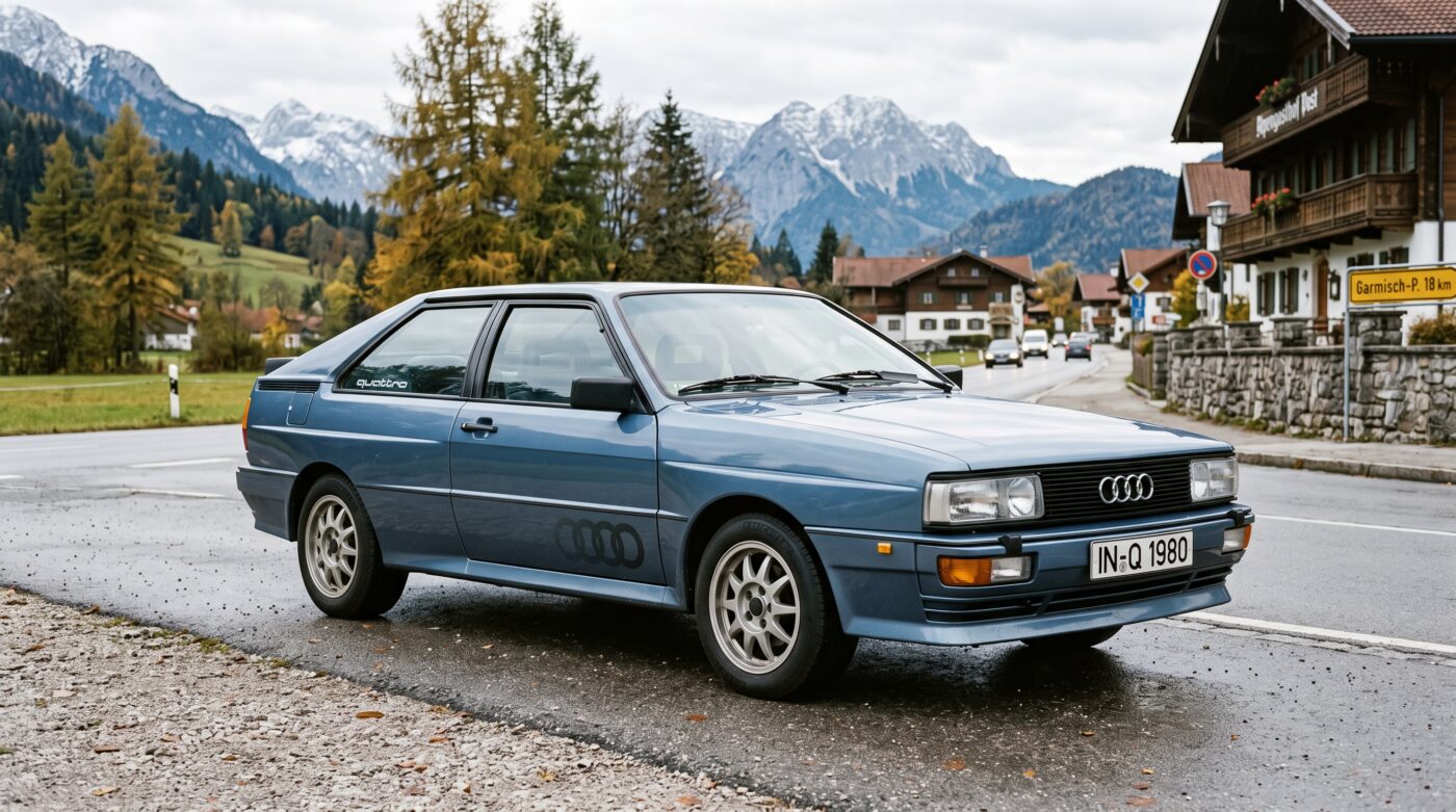 Audi Quattro 1980 bleue présentée comme modèle historique de collection dans une exposition.