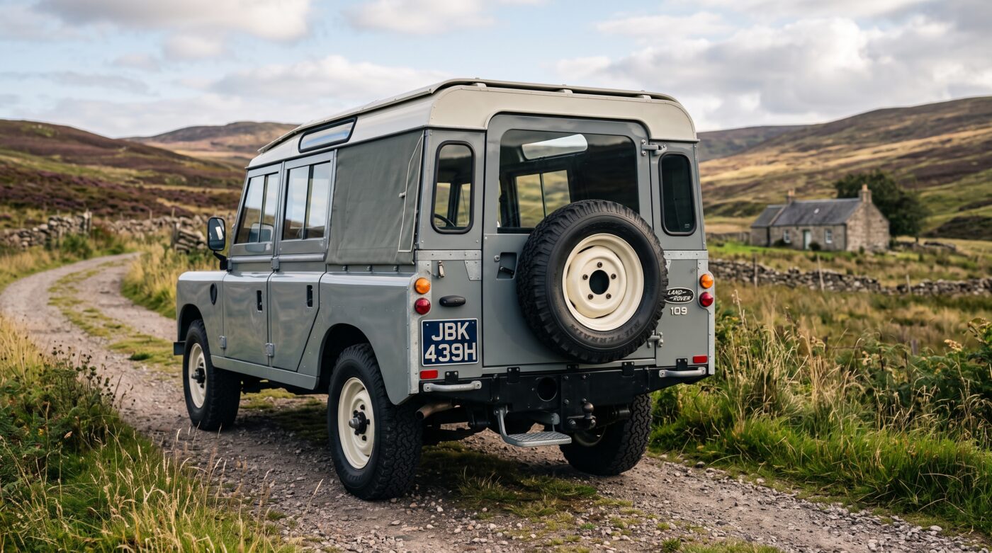 Vue arrière trois quarts d'un Land Rover Series III gris, mettant en valeur le design utilitaire classique.