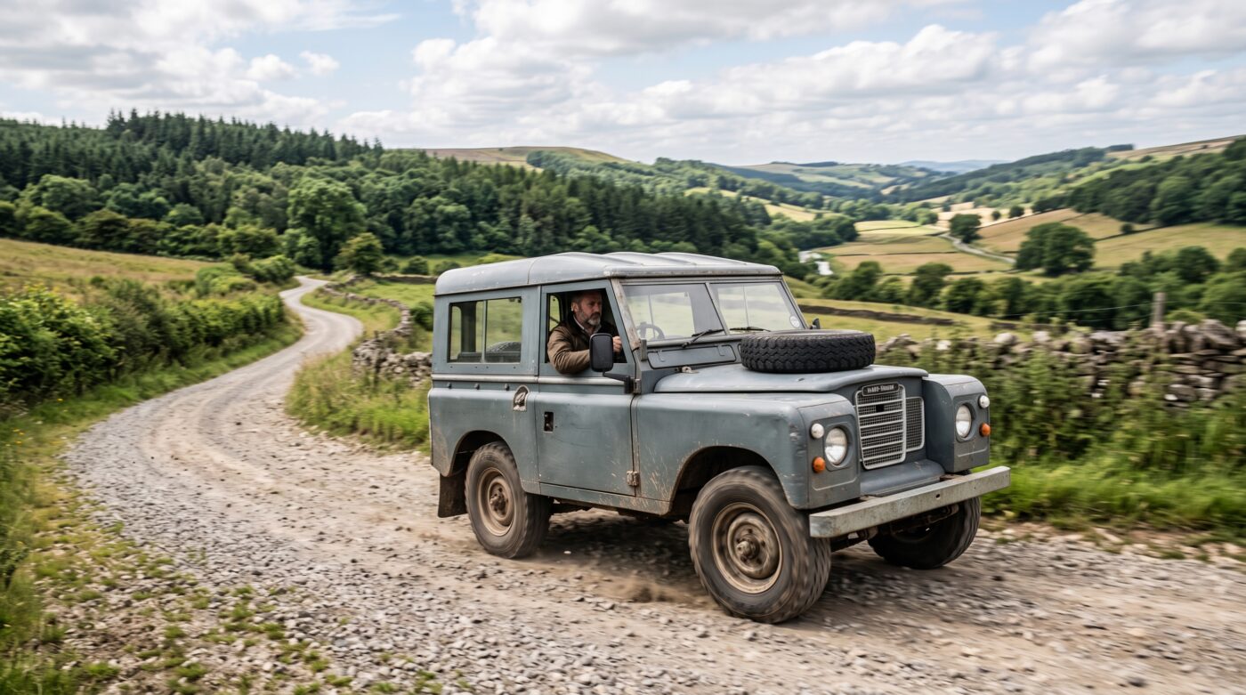 Land Rover Series III gris en situation d'essai routier sur un chemin de terre, illustrant son confort légendaire.