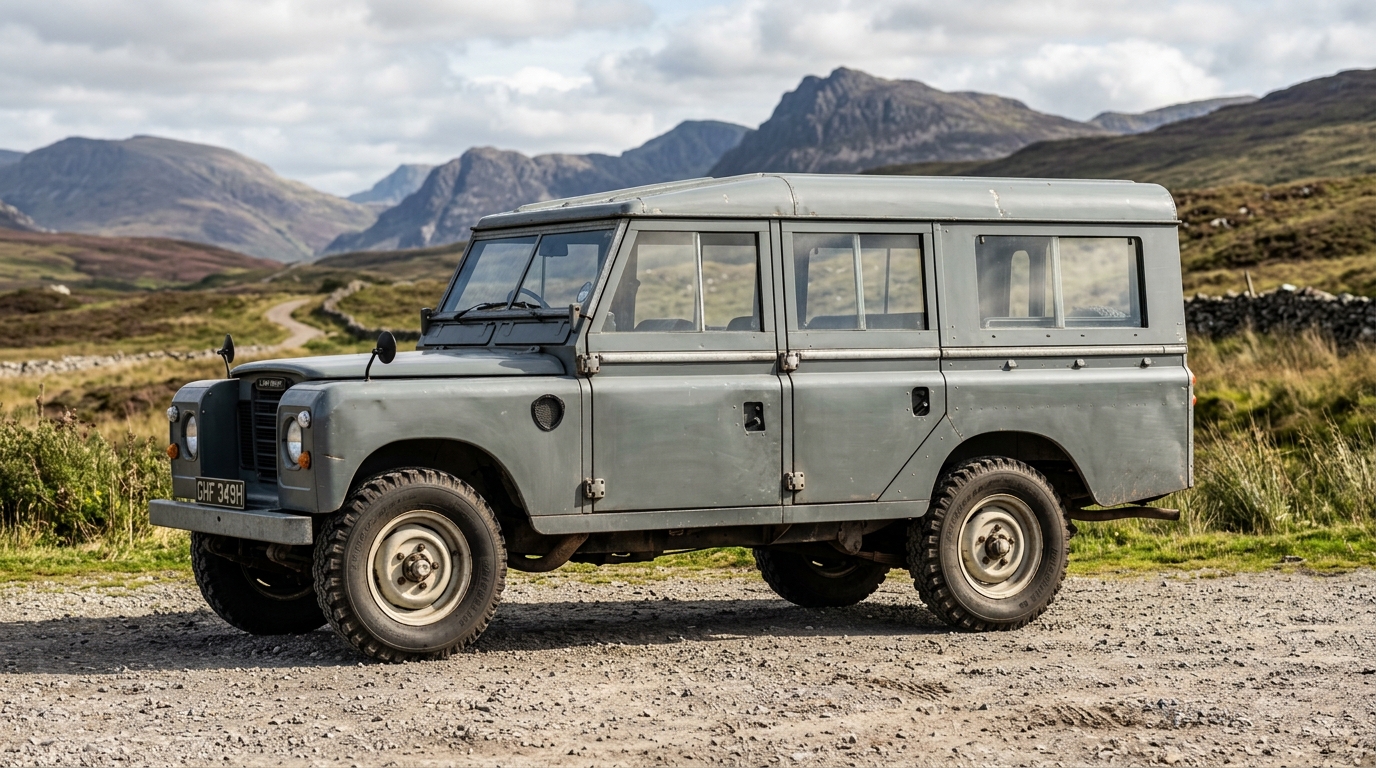 Vue latérale complète du Land Rover Series III gris, soulignant les lignes droites et robustes du modèle.